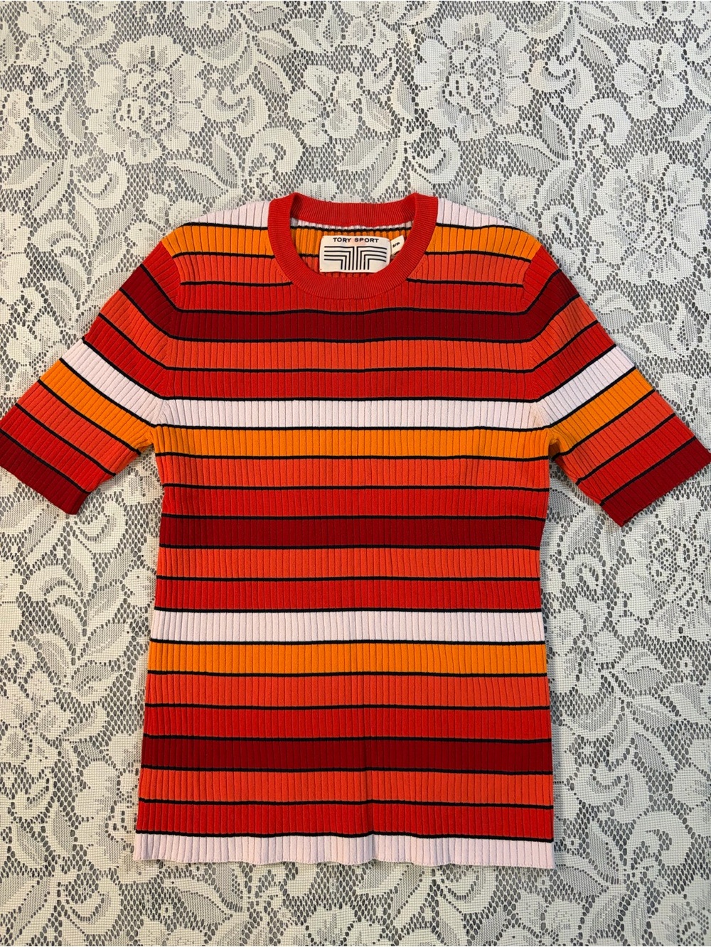 Tory Sport Tech Knit Striped Short Sleeve Sweater Size Small